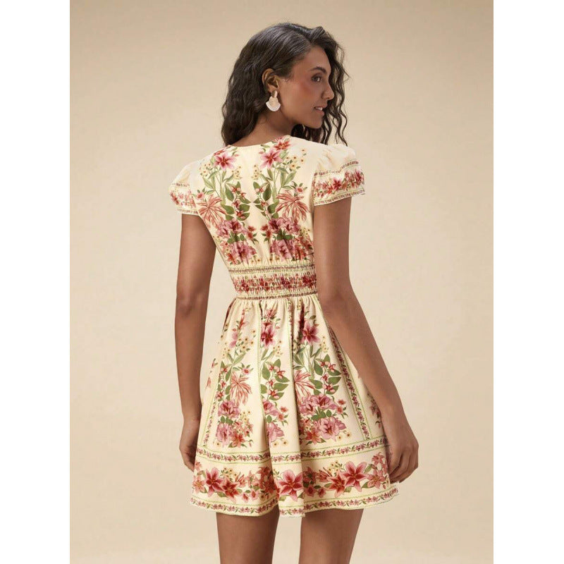 Bohemian-style Vacation Casual V-neck Lace-up Floral Slimming Dress For Women