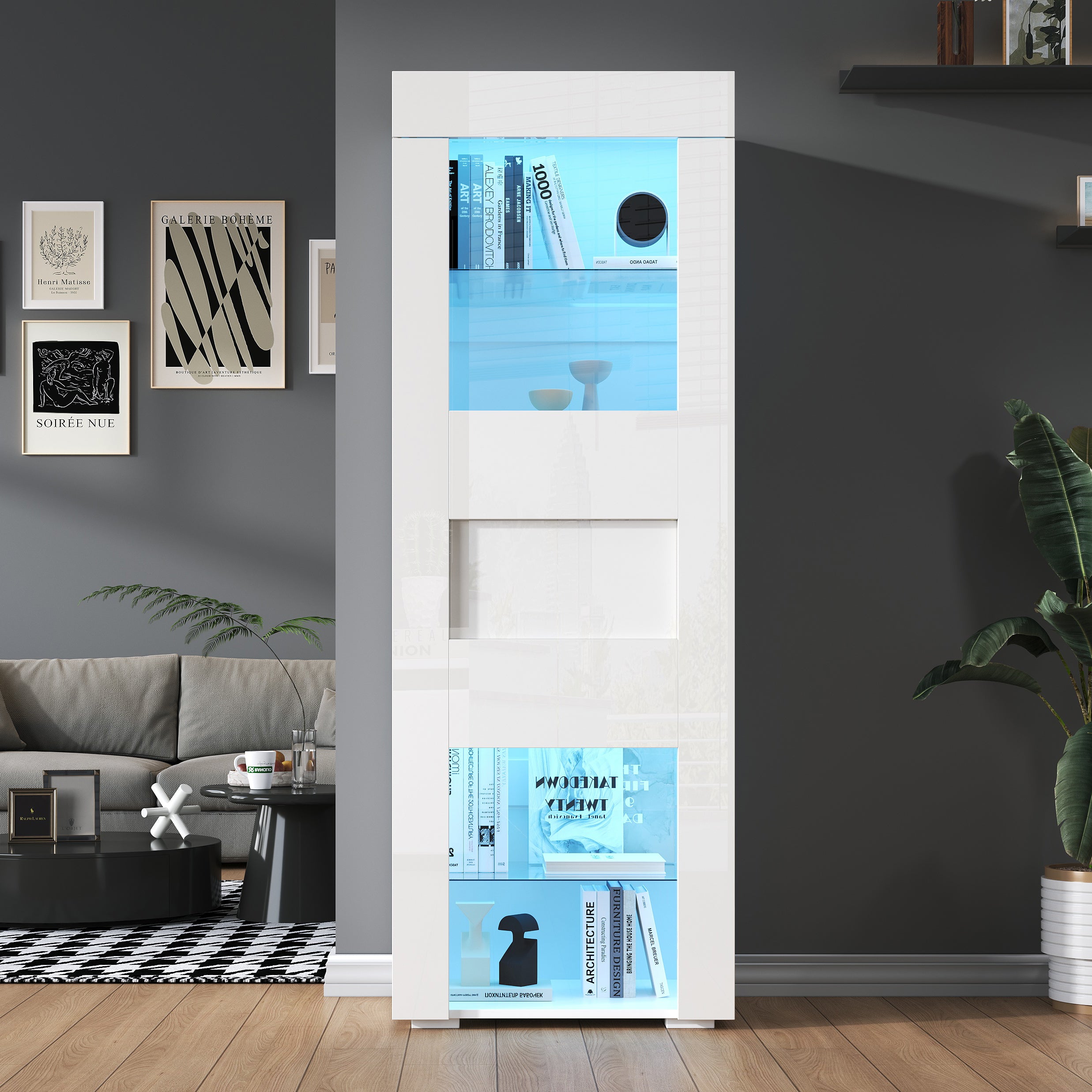 60X40X170cm Cabinet,Acrylic Cabinet Door, Display Cabinet High Gloss Storage Cabinet With LED Lighting, 2 Glass Shelves, Highboard, Living Room Cabinet, Storage Cabinet, Tall Cabinet, Sofa Cabinet,Whi