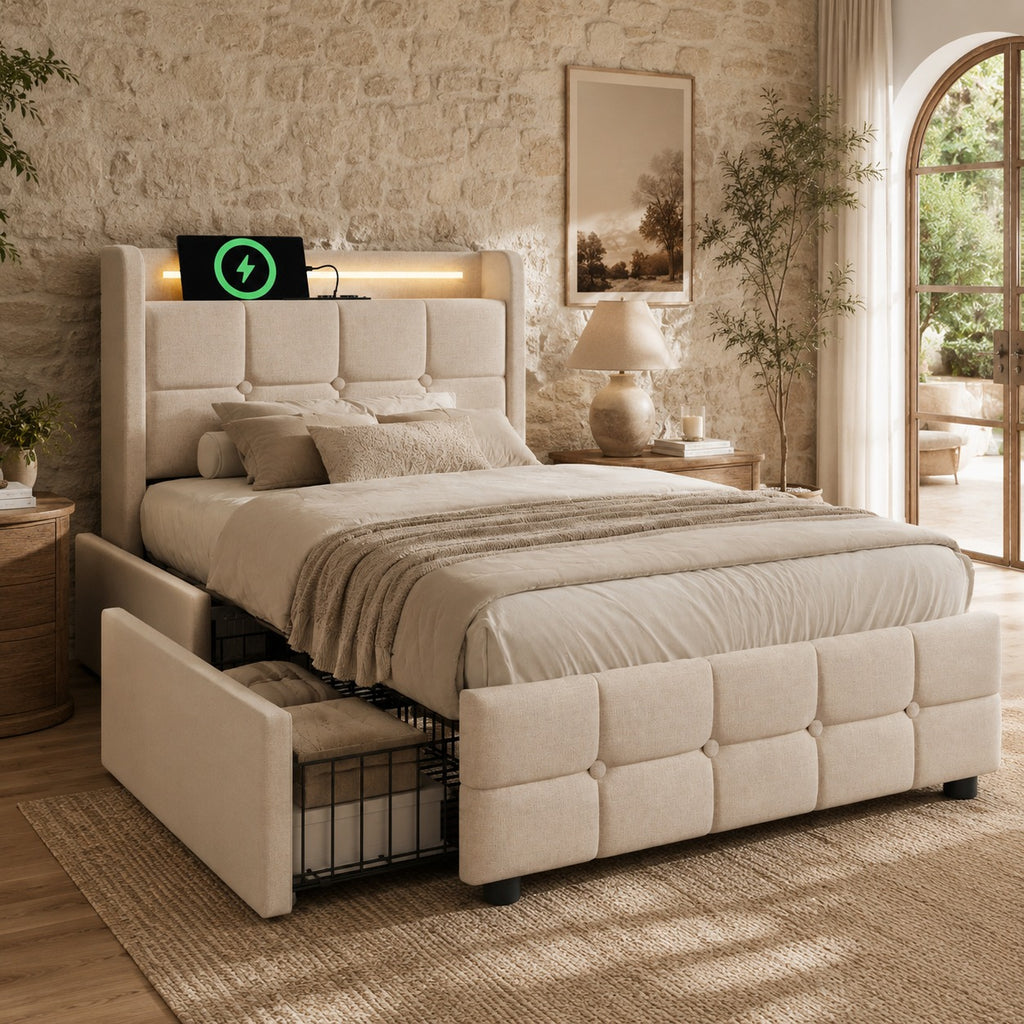 Upholstered Bed With Charging, USB Charging Function, Headboard And LED Lighting And 2 Drawers, Single Bed 90x200cm, Storage Beds, Bed Frame, Wooden Slatted Base, Beige  Without Mattress