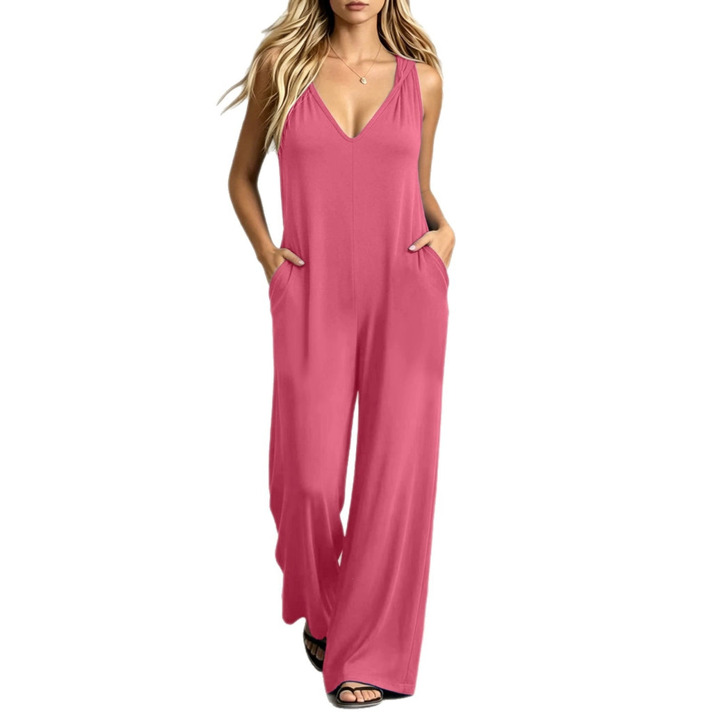 Simple V-neck Pocket Solid-color Hooded Jumpsuit