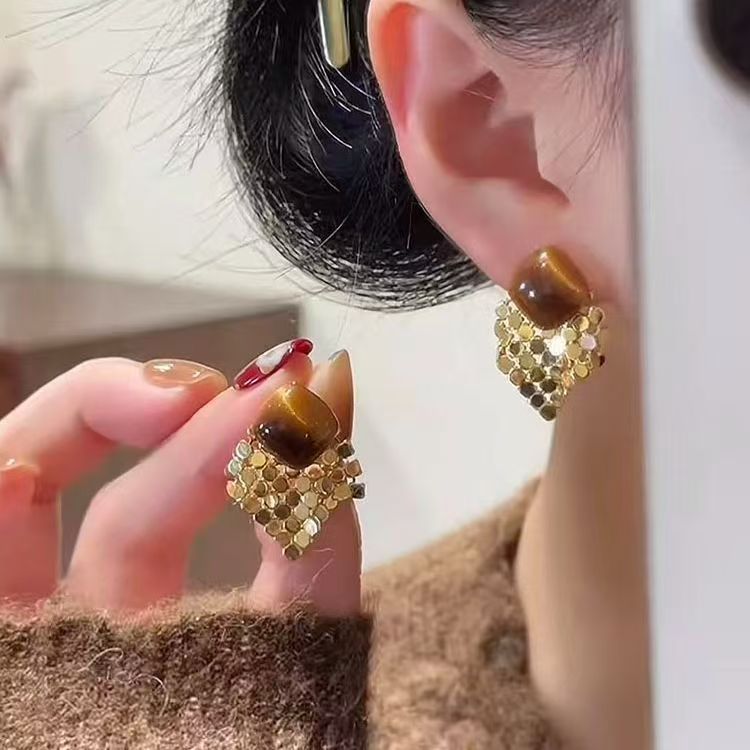 Diamond Sequins Tassel Earrings For Women, Niche Designer Light Luxury Elegant Retro Maillard Style Ear Jewelry