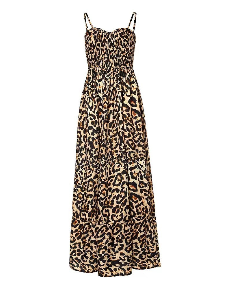 Women's Leopard Print Spaghetti Strap Tiered Maxi Dress V-Neck Smocked Waist Flowy Long Dress For Summer