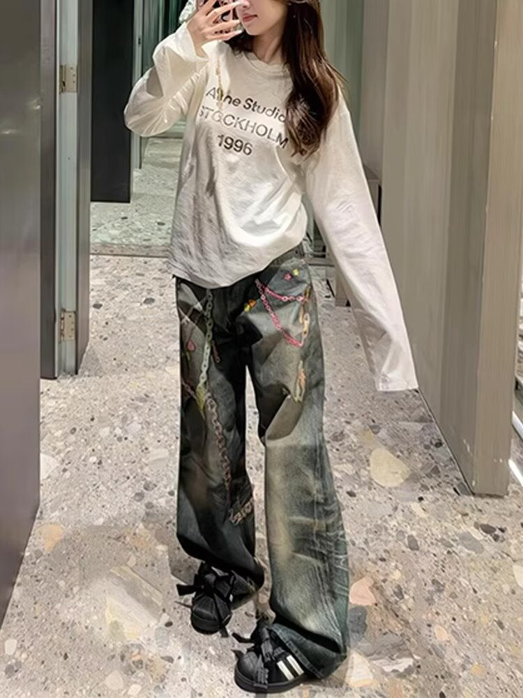 Womens Floor-length Printed Denim Jeans With A Chain Detail