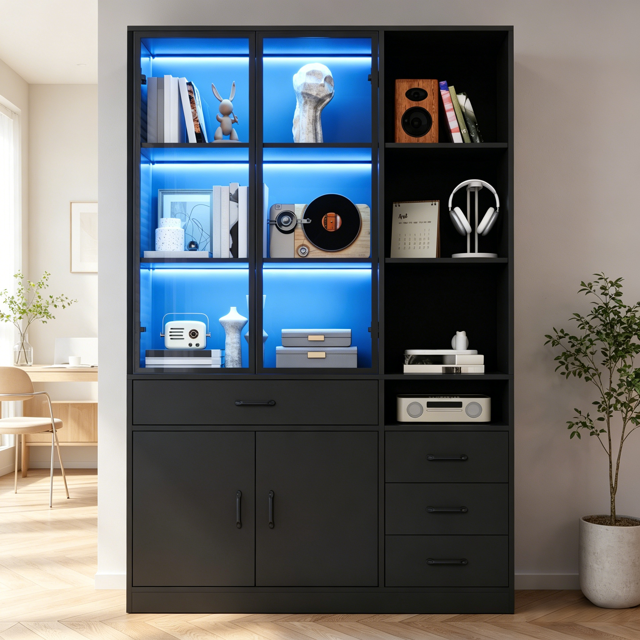 Tall Cabinet With Glass Cabinet & LED, 120x35x200cm Bookcase With 13 Storage Areas, 4 Drawers & Doors Showcases, Storage Cabinets, Cabinets, Suitable For Dining Room And Living Room, Black