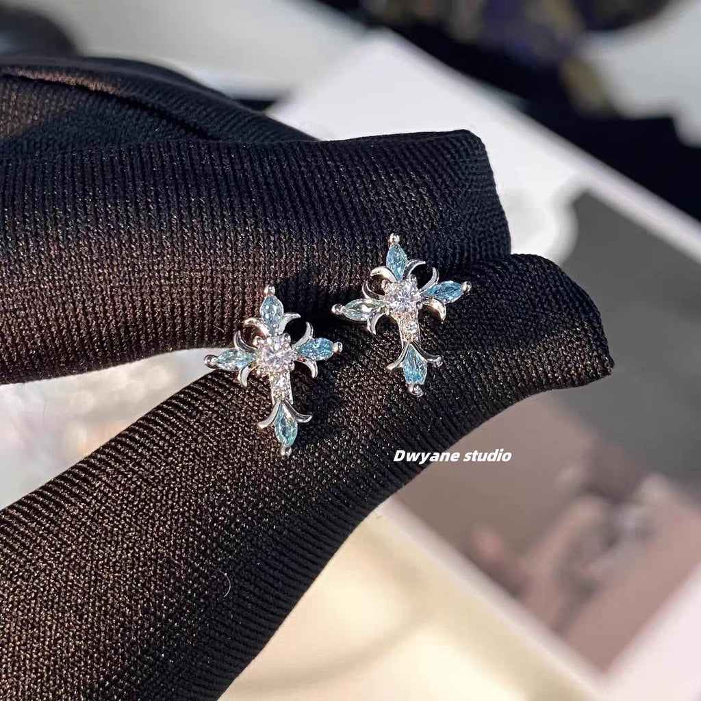 Sparkling Royal Blue Rhinestone Baroque Iris Cross Stud Earrings, Screw Back Cartilage & Helix Piercing Jewelry, Niche Unique Earrings