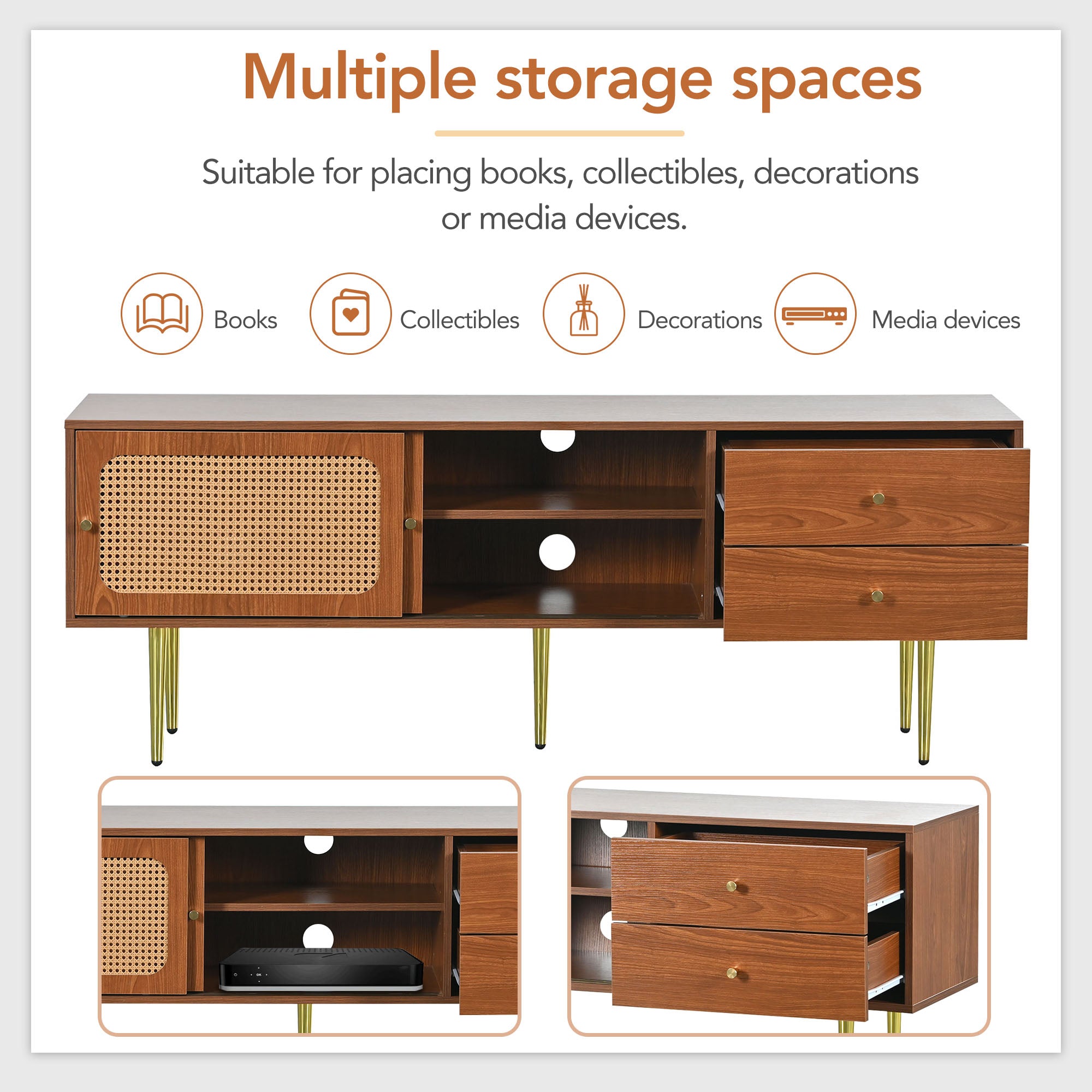Stylish TV Stand With Rattan Sliding Doors And Practical Drawers, Walnut With Dark Plastic Rattan, 2 Drawers, 2 Rattan Sliding Doors, 4 Storage Compartments, 160x40x60cm.