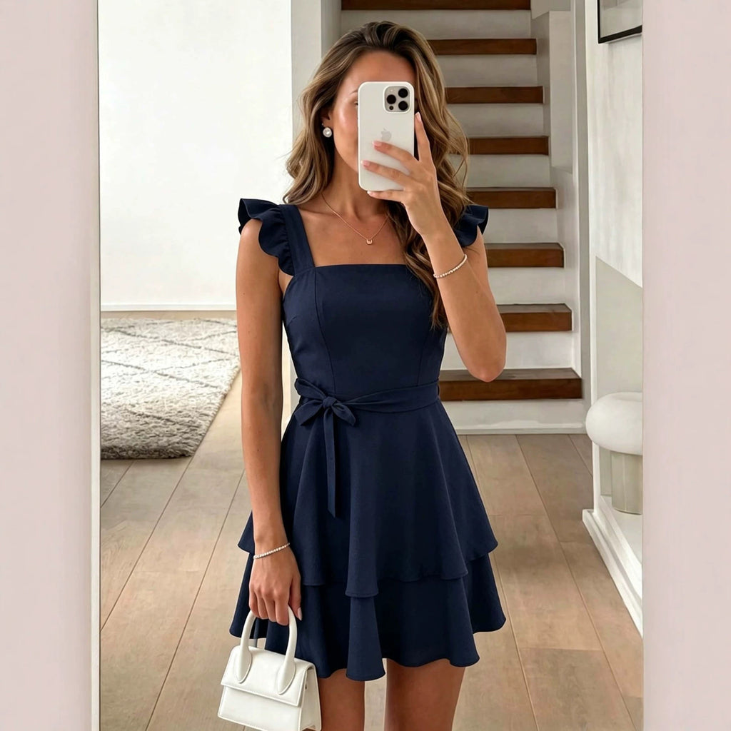Square Neck Ruffled Cap Sleeve Dress - Women's Casual Fitted Summer Mini Dress with Flounce Detail