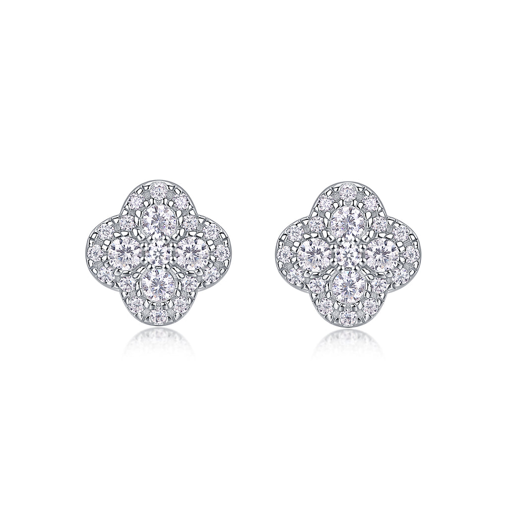 S925 Sterling Silver Clover Stud Earrings, D-VVS1 Moissanite Pave, Platinum Plated 1.2g Women's Jewelry Gift Box