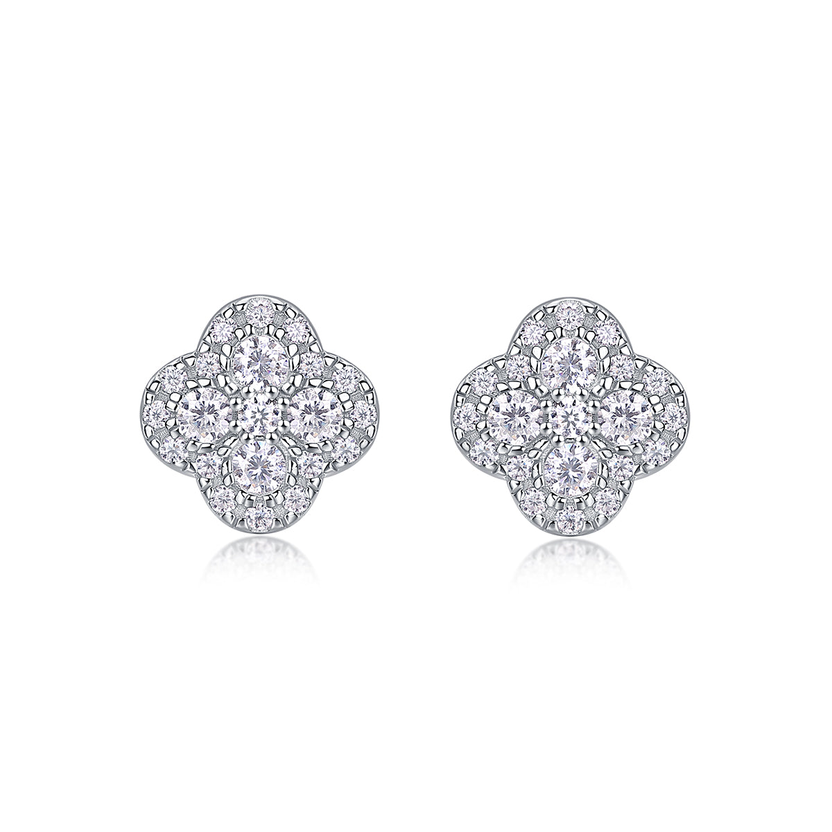 S925 Sterling Silver Clover Stud Earrings, D-VVS1 Moissanite Pave, Platinum Plated 1.2g Women's Jewelry Gift Box