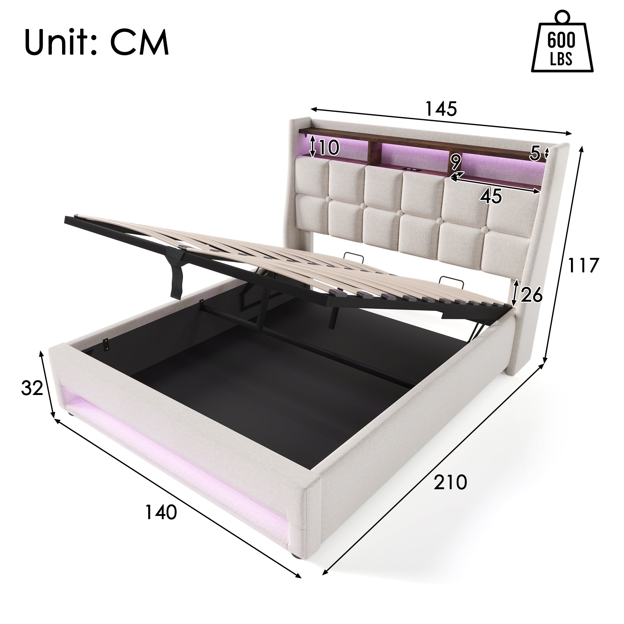 Upholstered Bed With USB 140x200cm,LED Double Bed With Slatted Frame Made Of Metal Frame,Bed Frame Made Of Linen Material Youth Bed Without Mattress