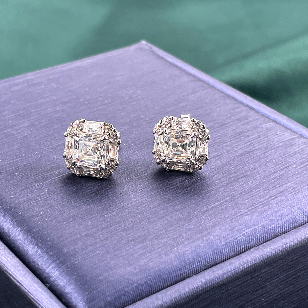 S925 Sterling Silver Halo Stud Earrings, 6mm D-VVS1 Asscher Cut Moissanite, Platinum Plated 2.6g Women's Jewelry Gift Box