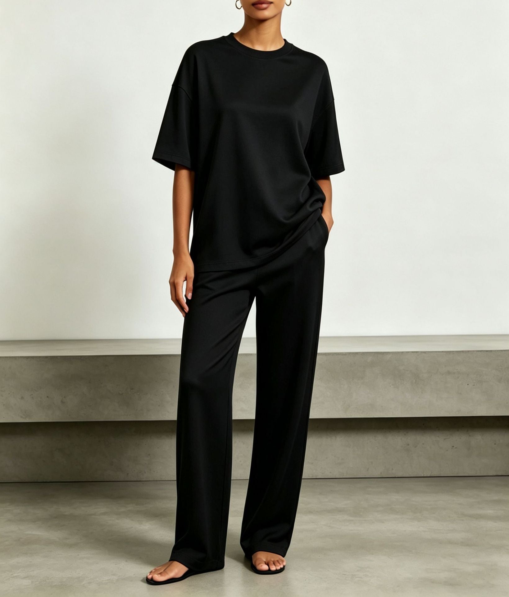 SpringSummer New Arrival Draped Solid-Color Slimming Wide-Leg Pants Set