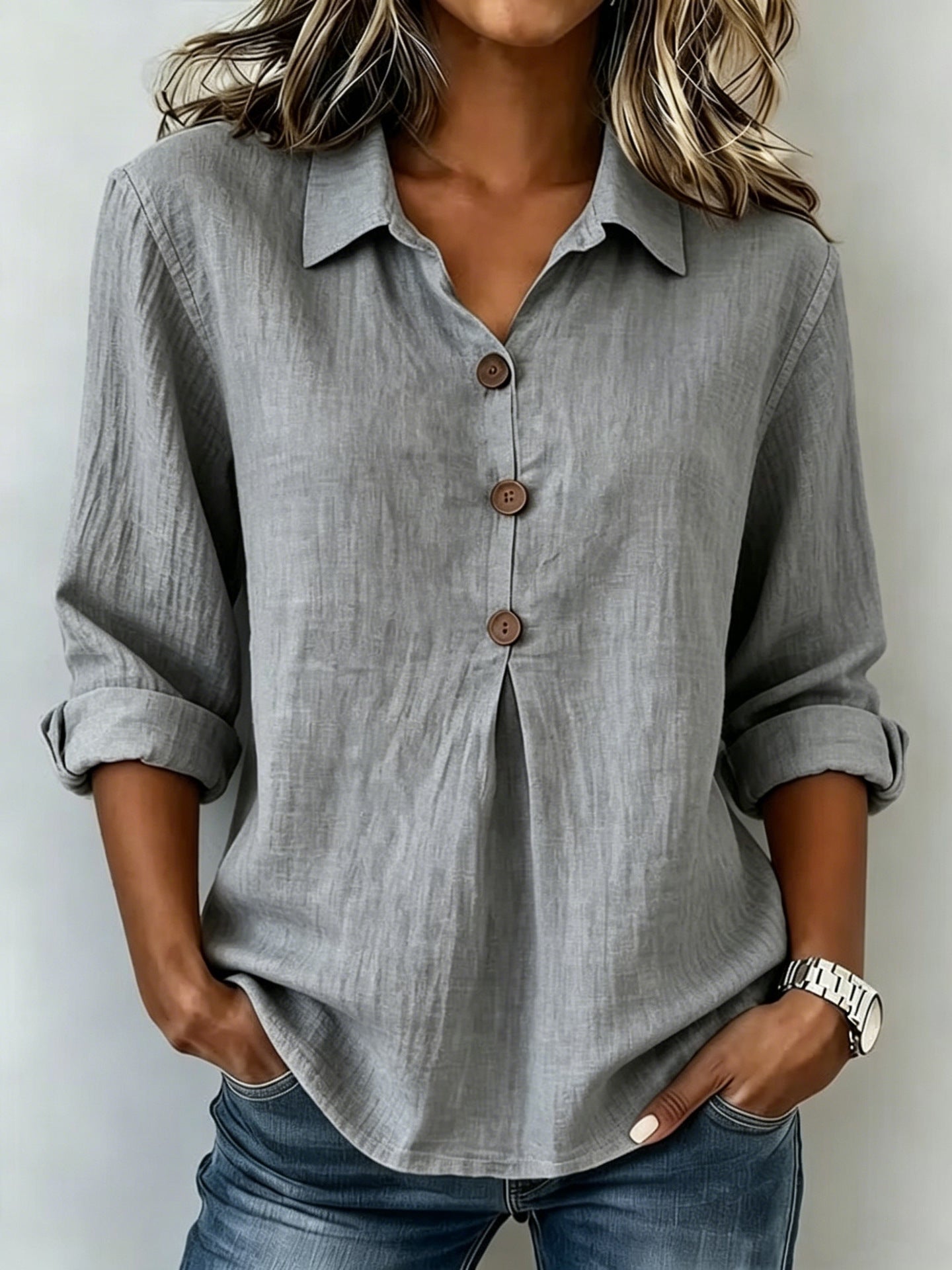 Cotton-linen Button-up Top Fashionable And Relaxed-fit Long-sleeve Shirt