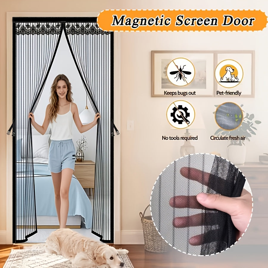 1pc Magnetic Screen Door, Mosquito And Fly Proof Door Curtain, Easy To Install, Top Lace Design & Storage, Pet Friendly, Suitable For Living Room, Bedroom, Balcony, Front Door, Garage, Partition, Priv