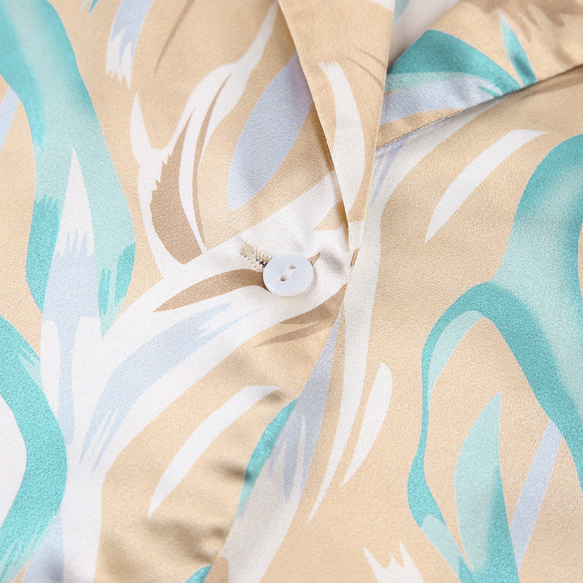 Hot Casual Cardigan Printed Imitated Silk Pajamas Two-piece Set