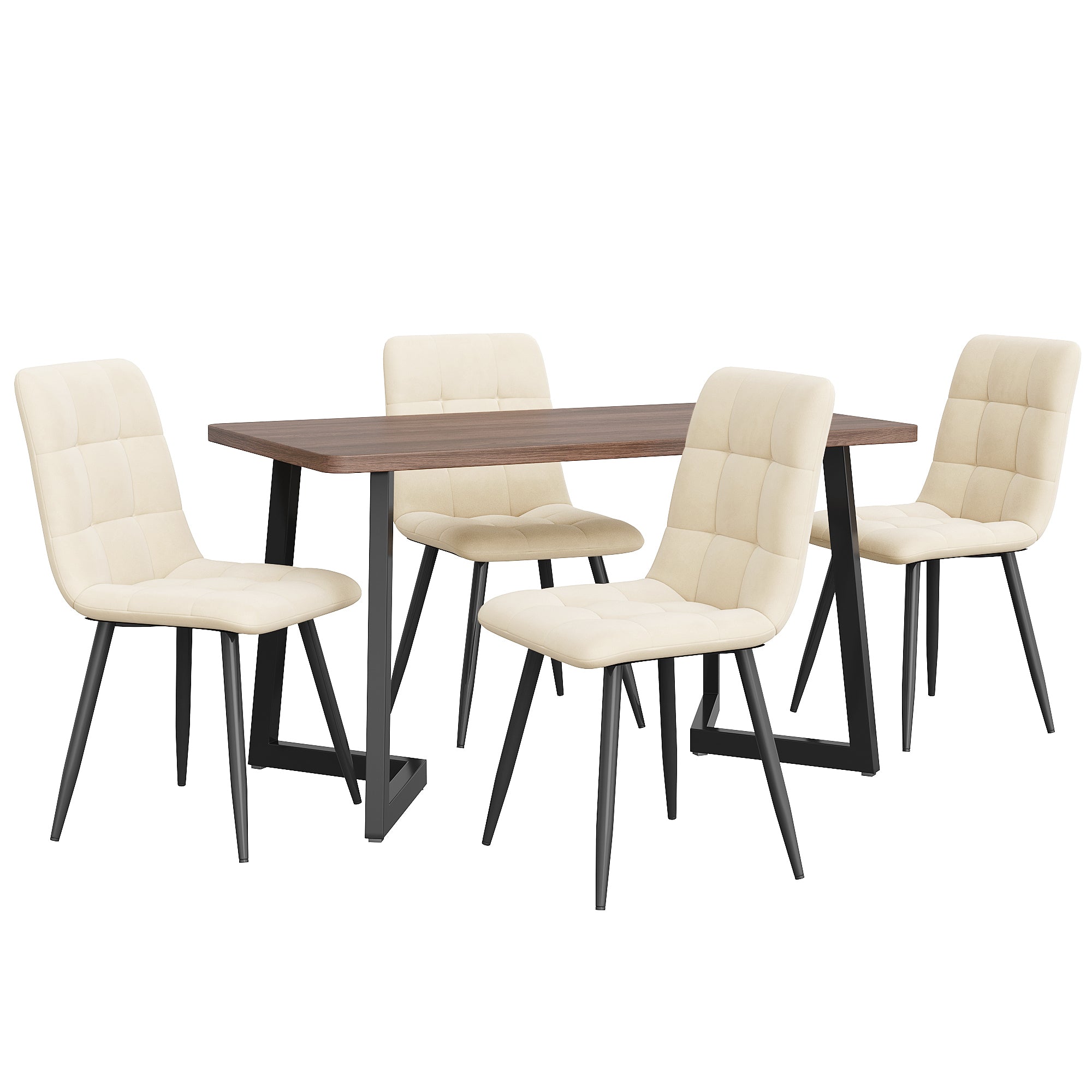 5-Piece Dining Set Table And 4 Chairs, Modern Kitchen Table Set, Kitchen Table With Wood-Grain Finish And Black Metal Legs, Walnut-Colored MDF Tabletop, Beige Velvet Dining Chairs