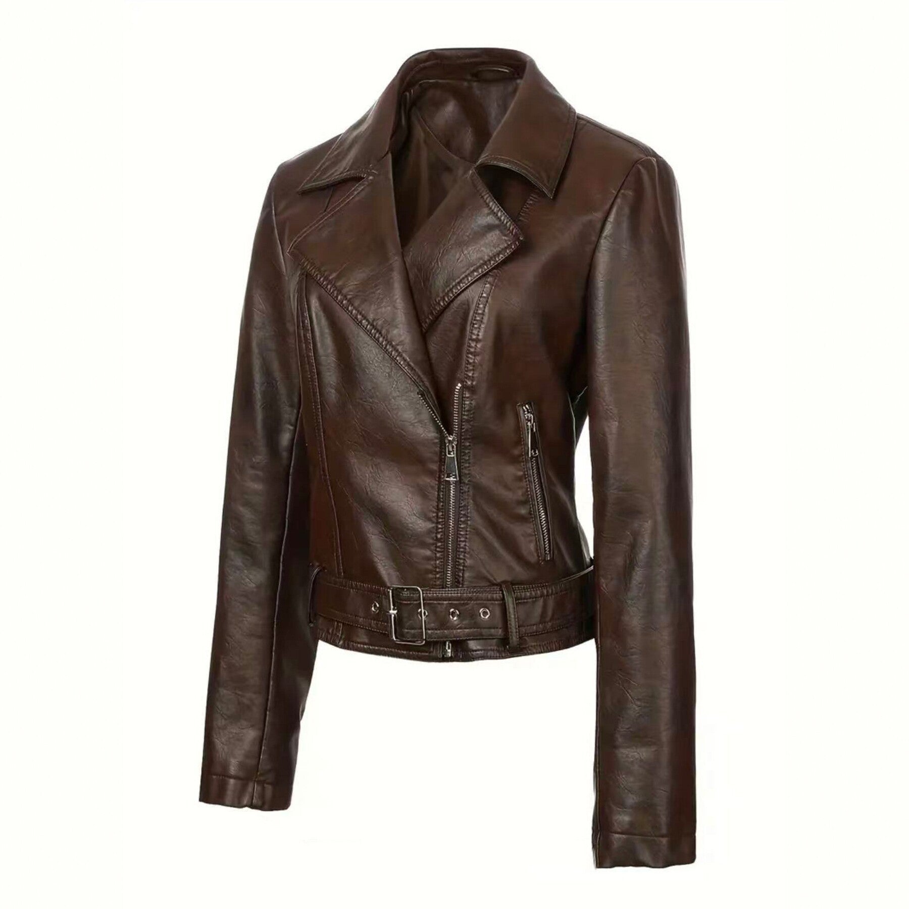 Womens Short Lapel-collar Leather Jacket In A Biker Style