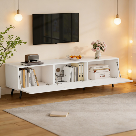 180 X 40 X 48 Cm TV Cabinet With 3 Hinged Doors, Lowboard, TV Stand, Cabinet, Living Room Cabinet, Printed Design, White, Suitable For TVs Around 80 Inches, Large Storage Space, Made Of MDF Material.