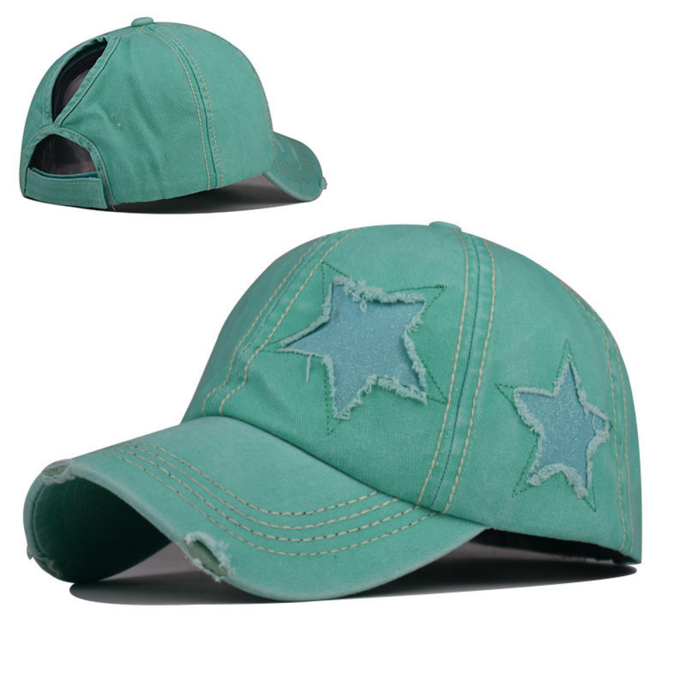 Summer Women's Washed-out Distressed Sequined Five-point Star Baseball Cap For Summer Outings, Sister Gatherings, Trendy Retro Style Hat