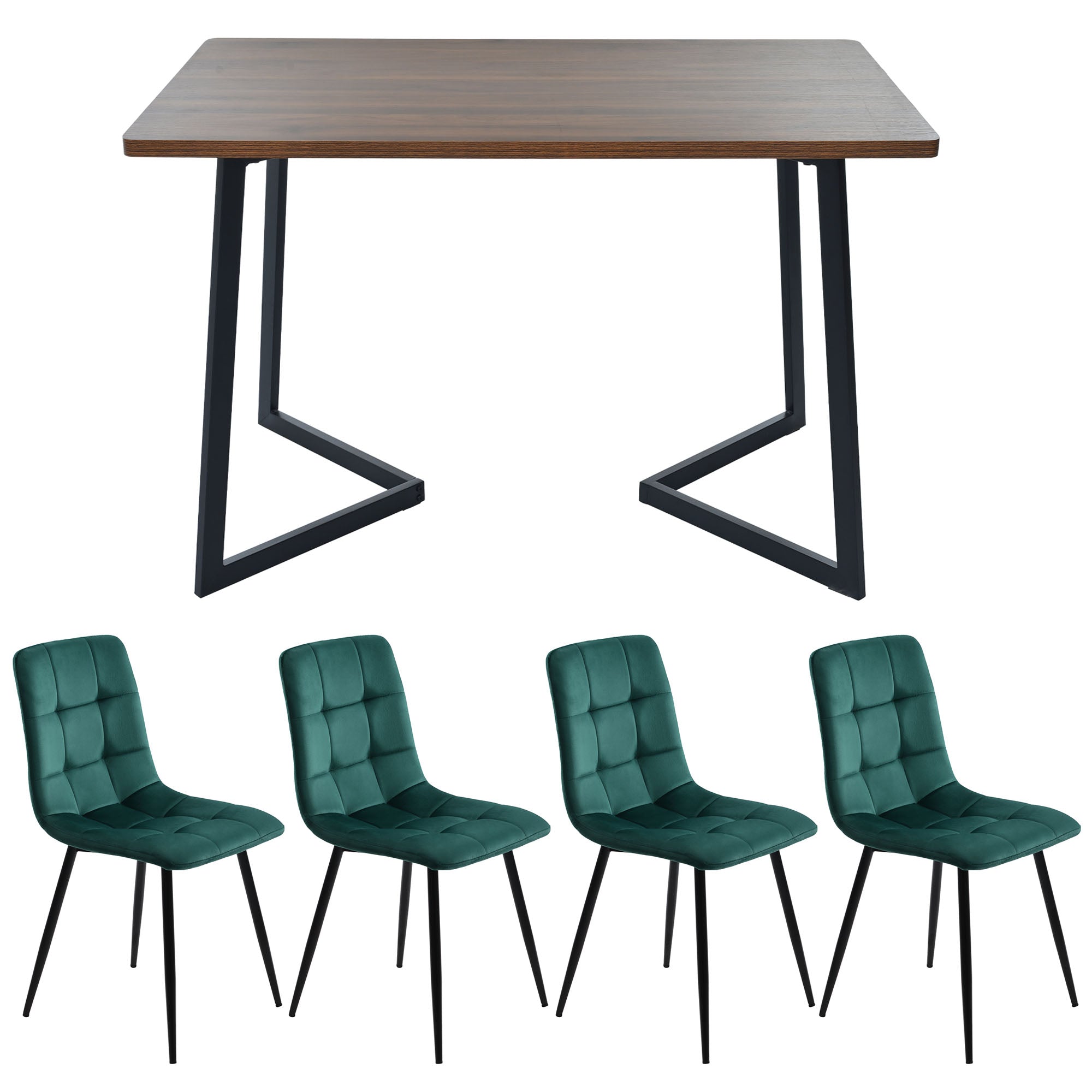 5-Piece Dining Set Table And 4 Chairs, Modern Kitchen Table Set, Kitchen Table With Wood Grain Finish And Black Metal Legs, Walnut-Colored MDF Tabletop, Dark Green Velvet Dining Chairs