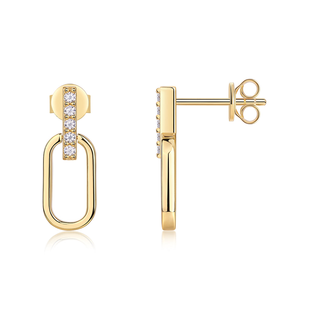 S925 Sterling Silver Gold Plated Geometric Link Earrings, D-VVS1 Moissanite Pave Bar, 2.1g Women's Jewelry Gift Box