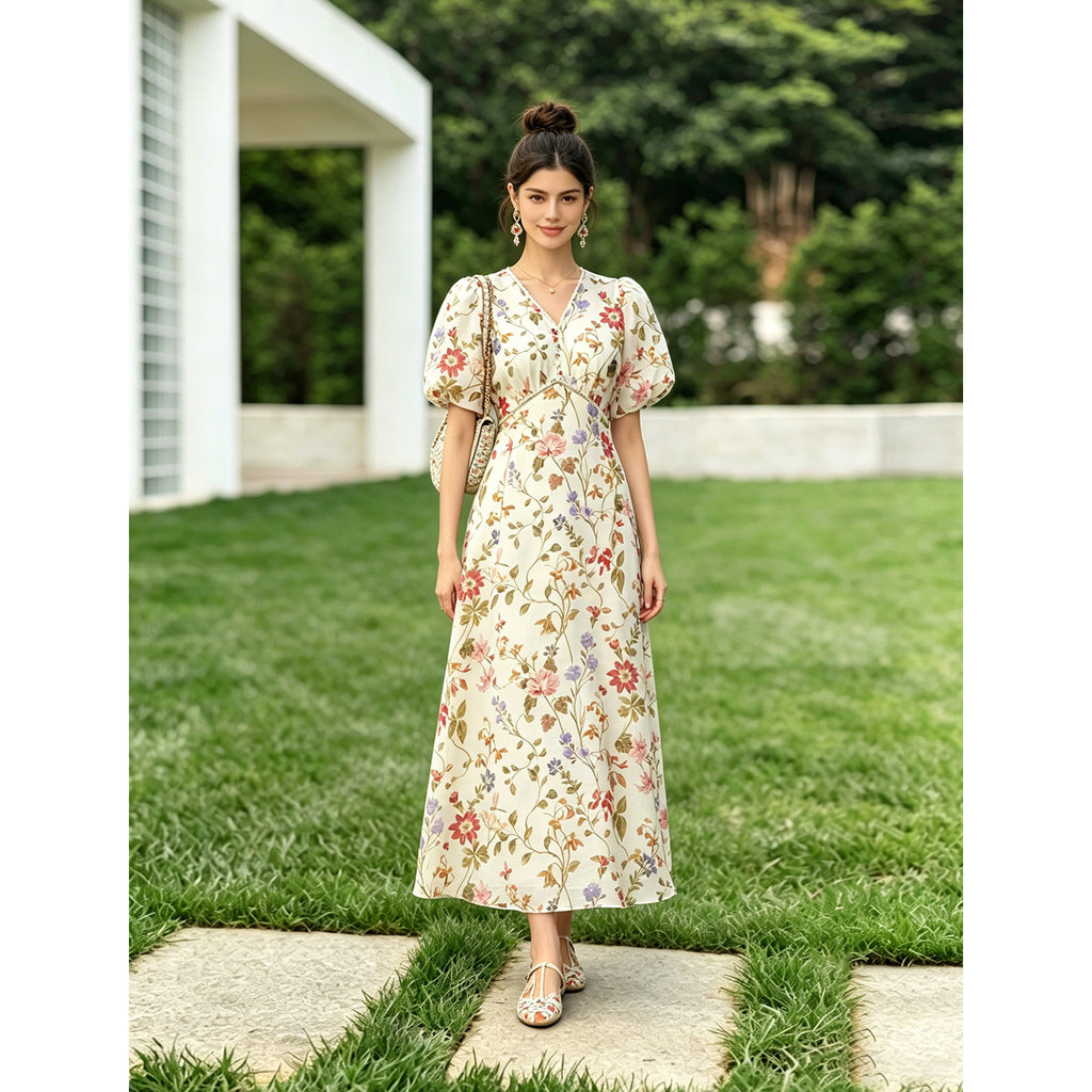 Elegant Printed Waist-Cinching Silk Dress For Women