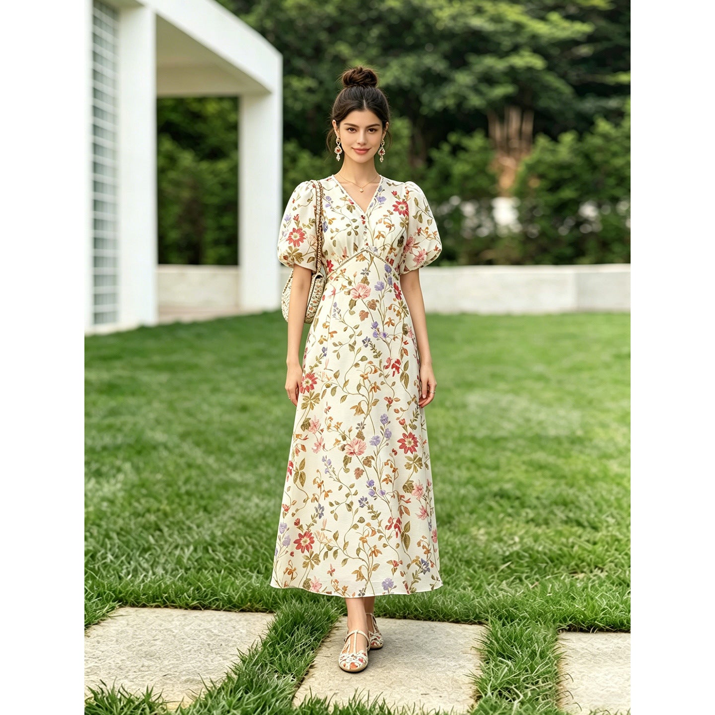 Elegant Printed Waist-Cinching Silk Dress For Women
