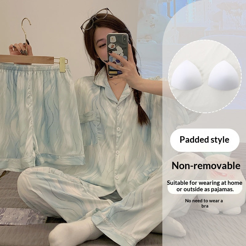 Womens Summer High-End Ice Silk Short-Sleeve Pajama Set 3 Pieces