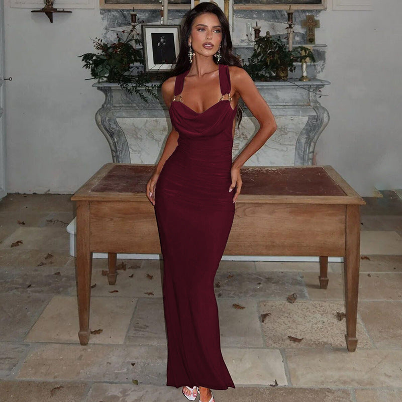 Fashionable And Sexy Backless Pleated Slim-fit Strap Dress