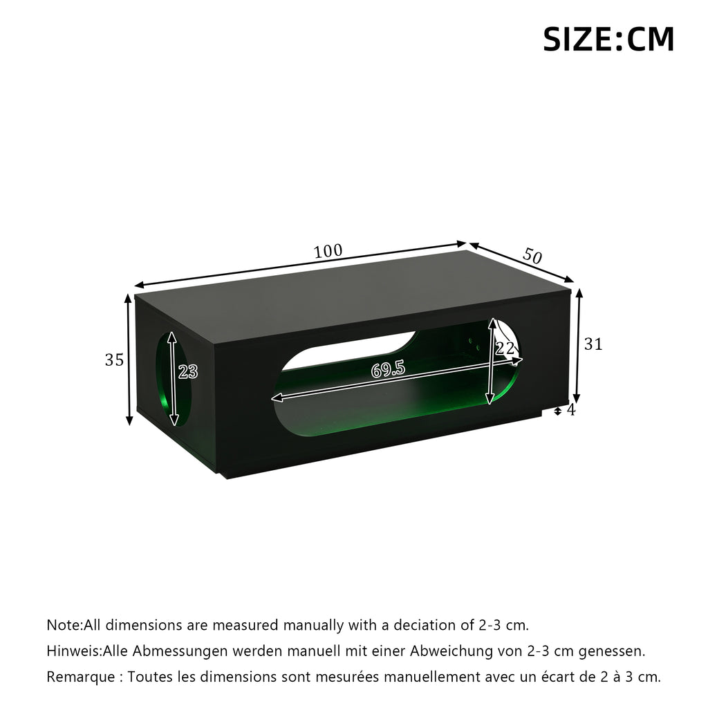 Coffee Table With LED Lighting  App Control , 100x50x35cm, MDF Material, 30kg Load Capacity,High Gloss Openwork Coffee Table,Large Storage Side Table,Sofa Table,Black