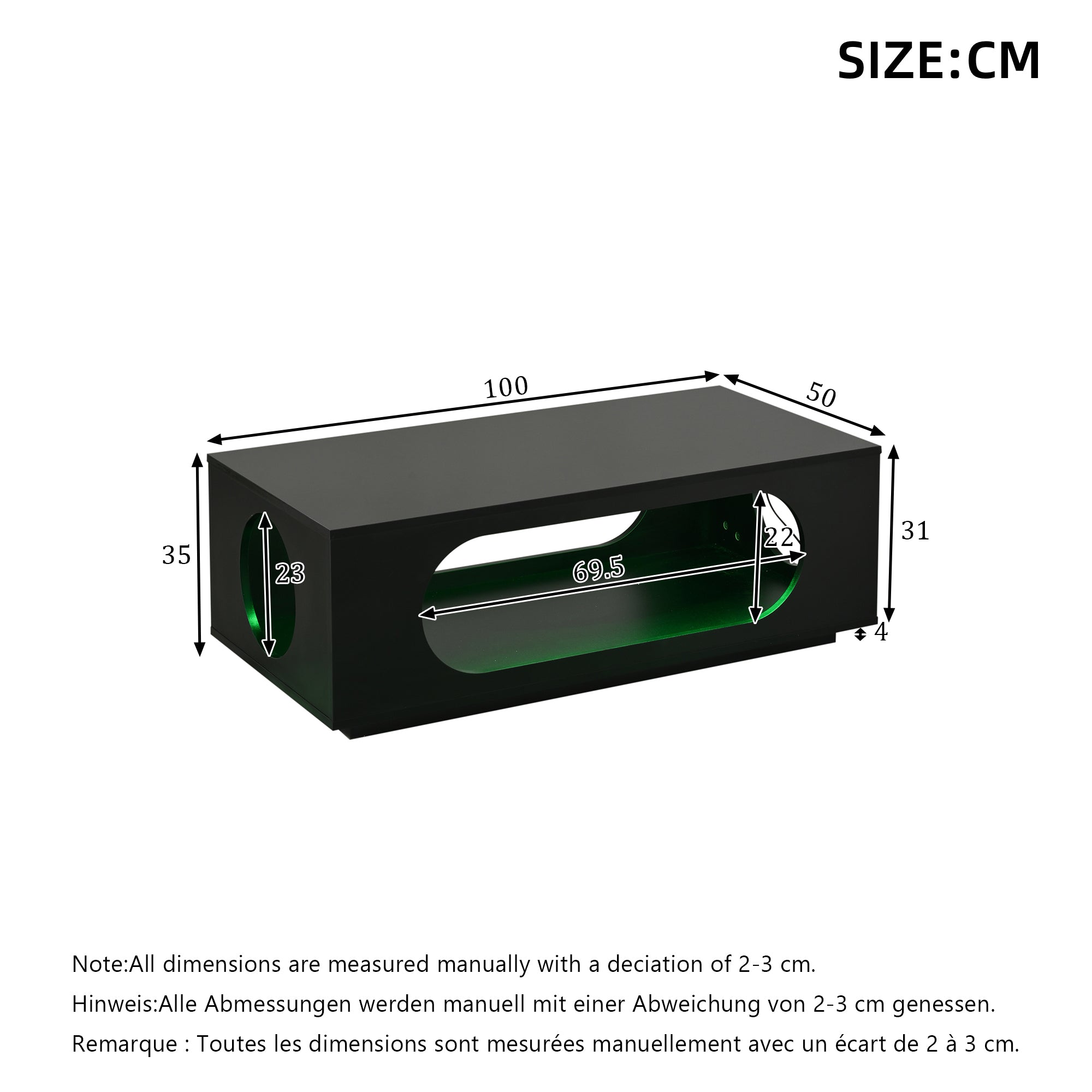 Coffee Table With LED Lighting  App Control , 100x50x35cm, MDF Material, 30kg Load Capacity,High Gloss Openwork Coffee Table,Large Storage Side Table,Sofa Table,Black