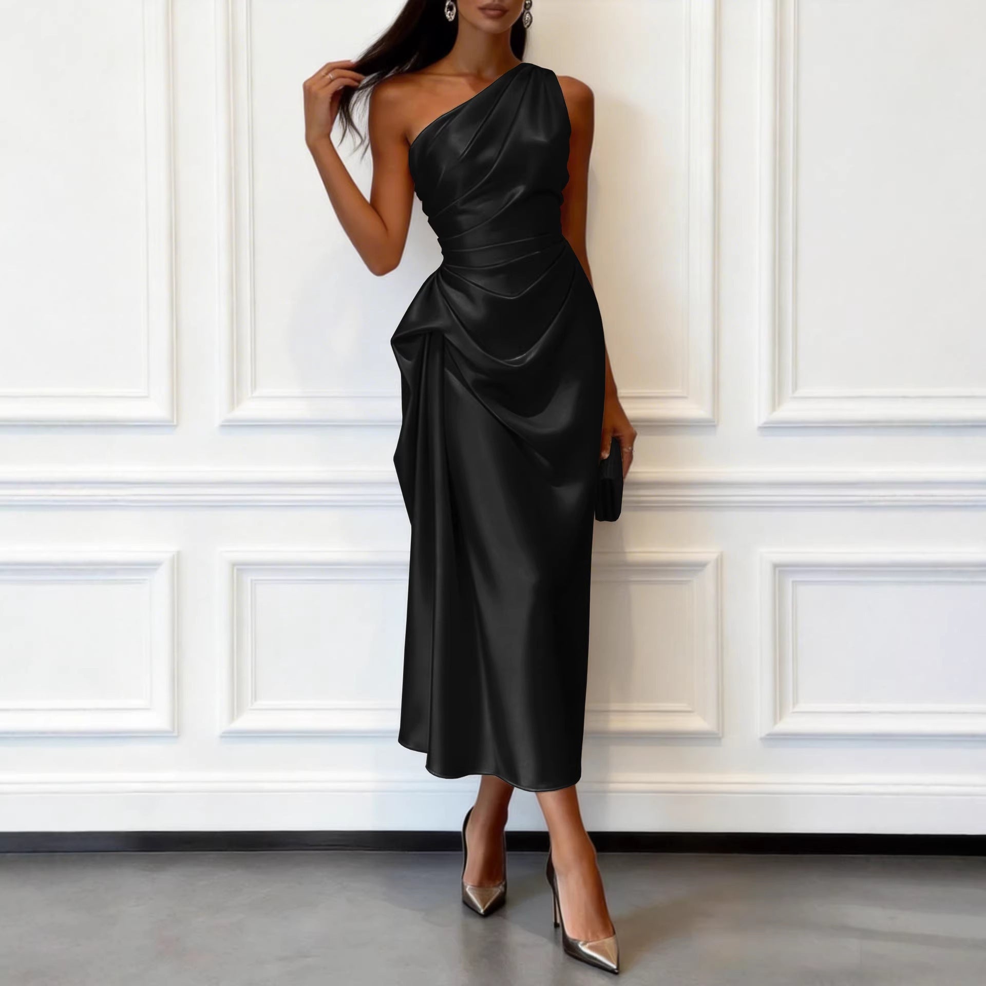 High-elastic Satin Sleeveless Off-shoulder Mid-length Waist-cinching Dress