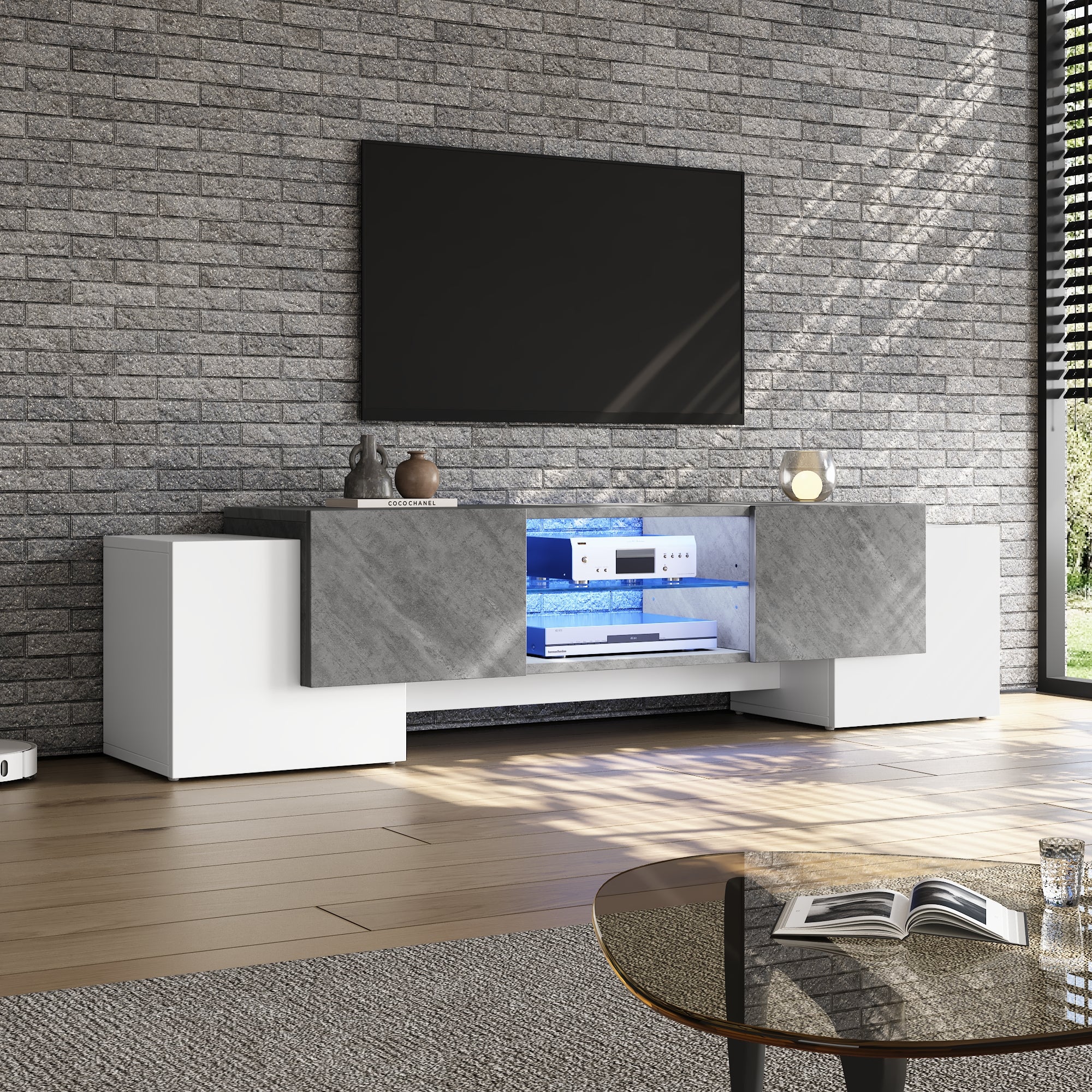 180x40x46.5cm Plain White And Grey TV Cabinet With Bluetooth LED, Lowboard TV Cabinet Suitable For Living Room TV Cabinets With 60-65-70 Inch TVs