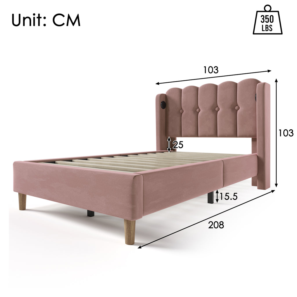 Sofa Bed With USB Type C Charging Function, Bed Frame With Baroque, Cushioned Bed In Pink, 90 X 200 Cm Bed Frame For Youth Bedroom Guest Room - Velvet