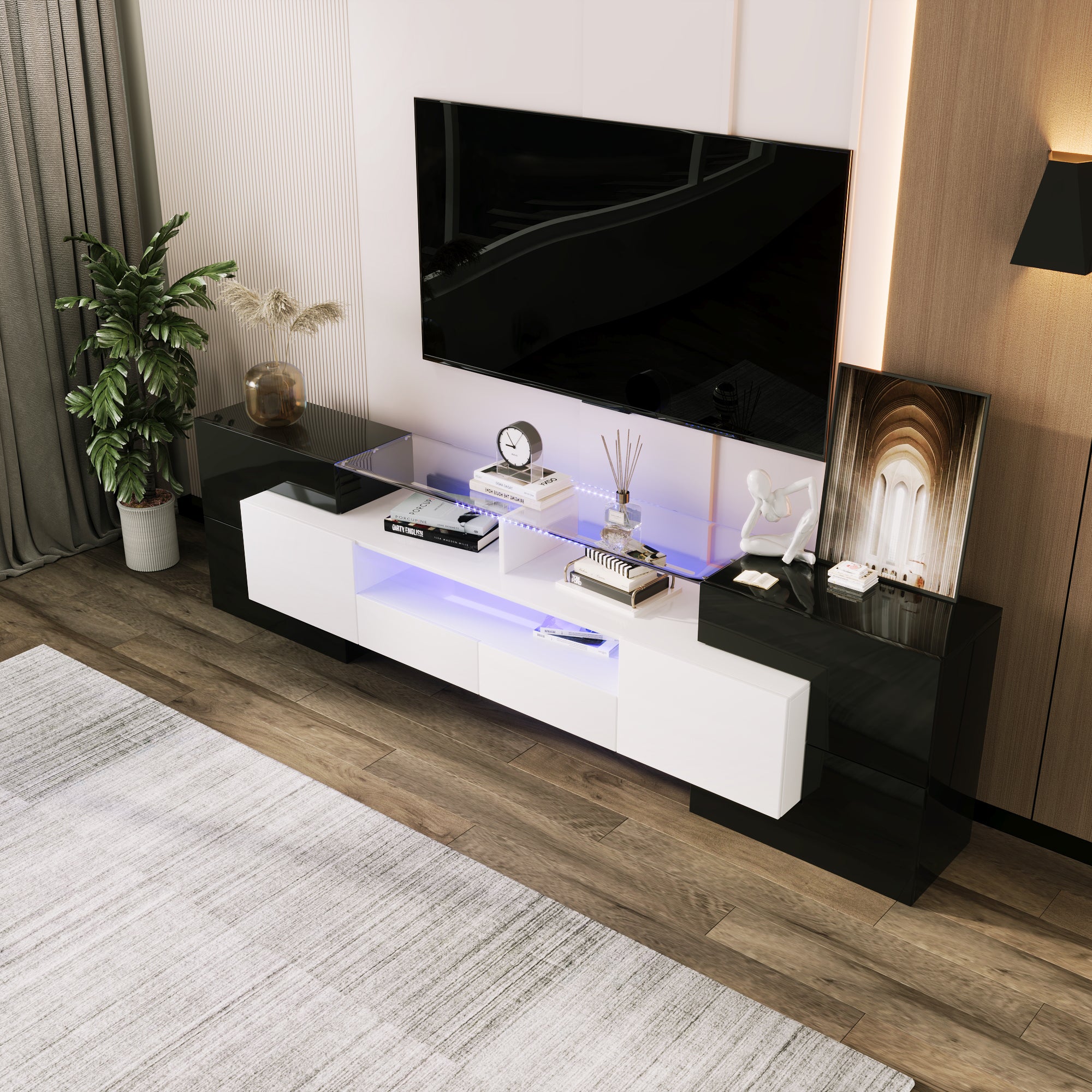 Stylish TV Cabinet, Low Panel. High Gloss White And Black, 200 Cm, LED Lighting For Living Room Furniture. Modern Design. Elegant Glass Surface
