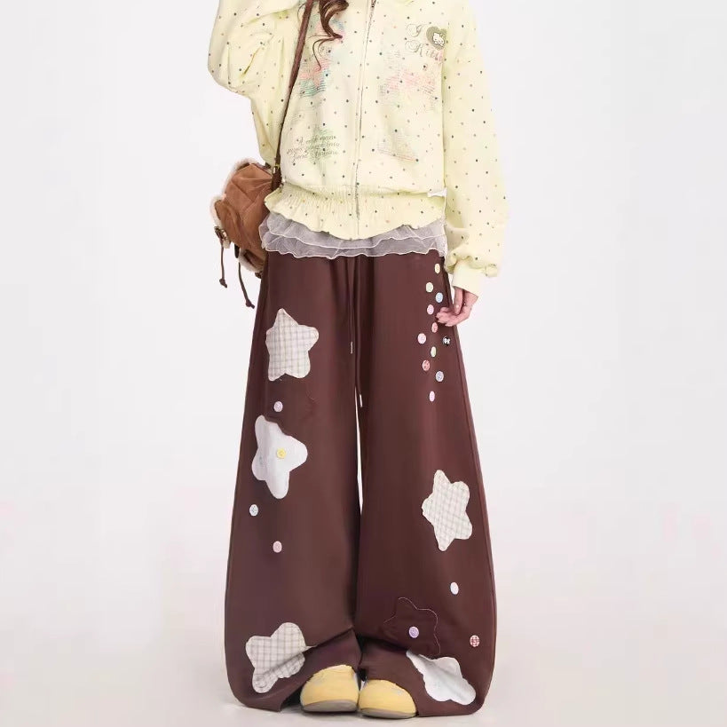 Womens American-Style Retro Quirky Patchwork Plaid Straight-Leg Sweatpants