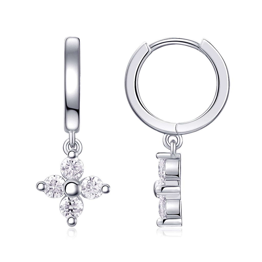 S925 Sterling Silver Clover Drop Earrings, D-VVS1 Moissanite Huggie Dangle, Platinum Plated 3.8g Women's Jewelry Gift Box