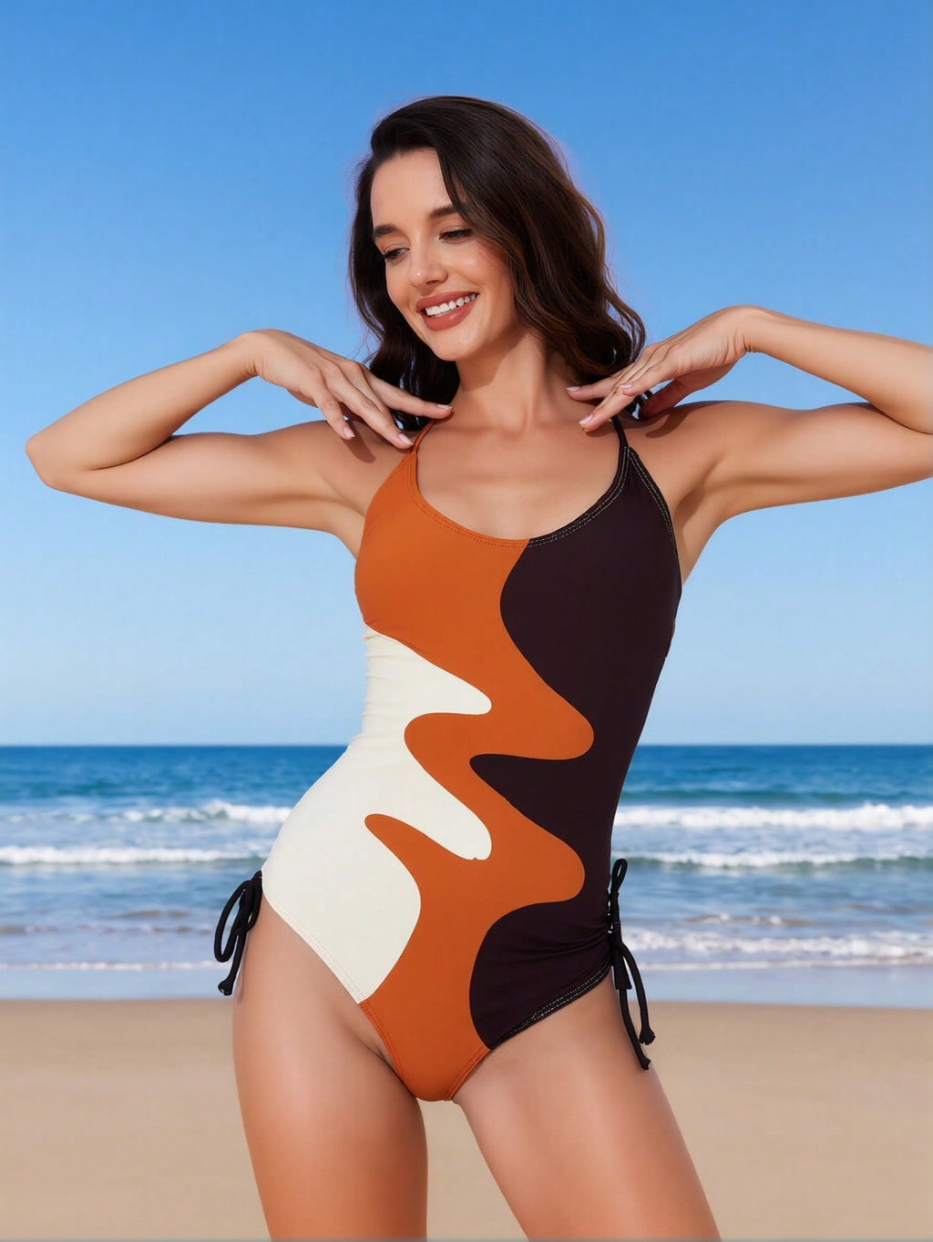 2026 New Women's One-Piece Swimsuit: Earth Tone Abstract Color Block With Halter Neck And Side Ties