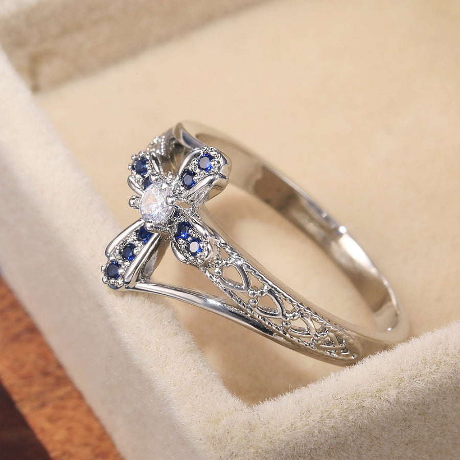 Western-style Light-luxury Womens Hollowed-out Micro-paved Zircon Ring
