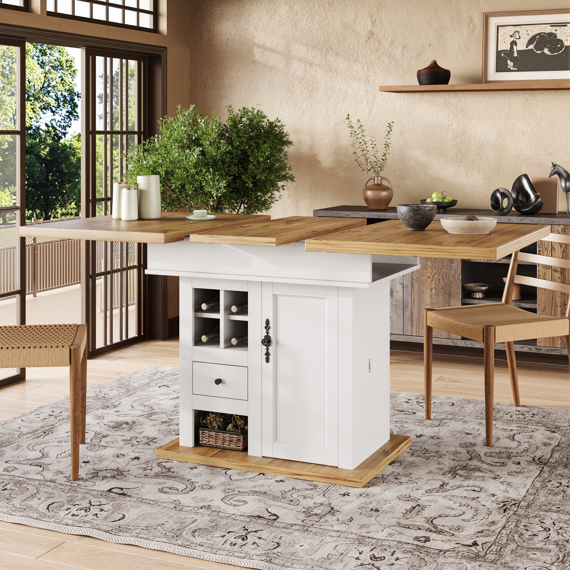 Telescopic Dining Table  110-140x80cm , Foldable Kitchen Table For 4-6 People, Extendable Dining Table, Space-saving Kitchen Table, For Kitchen And Living Room, Dining Table With Wine Rack And Drawers