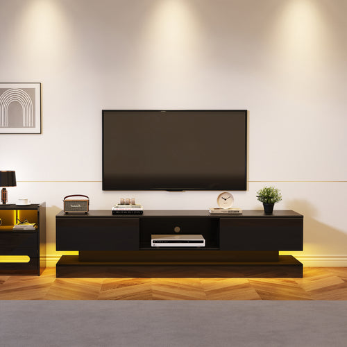 160x35x40.5cm Black High Gloss TV Stand With LED Lighting, 2 Drawers, Application Control, Anti-Tilt Design, Suitable For 60 Inch TV, TV Cabinets, TV Lowboard