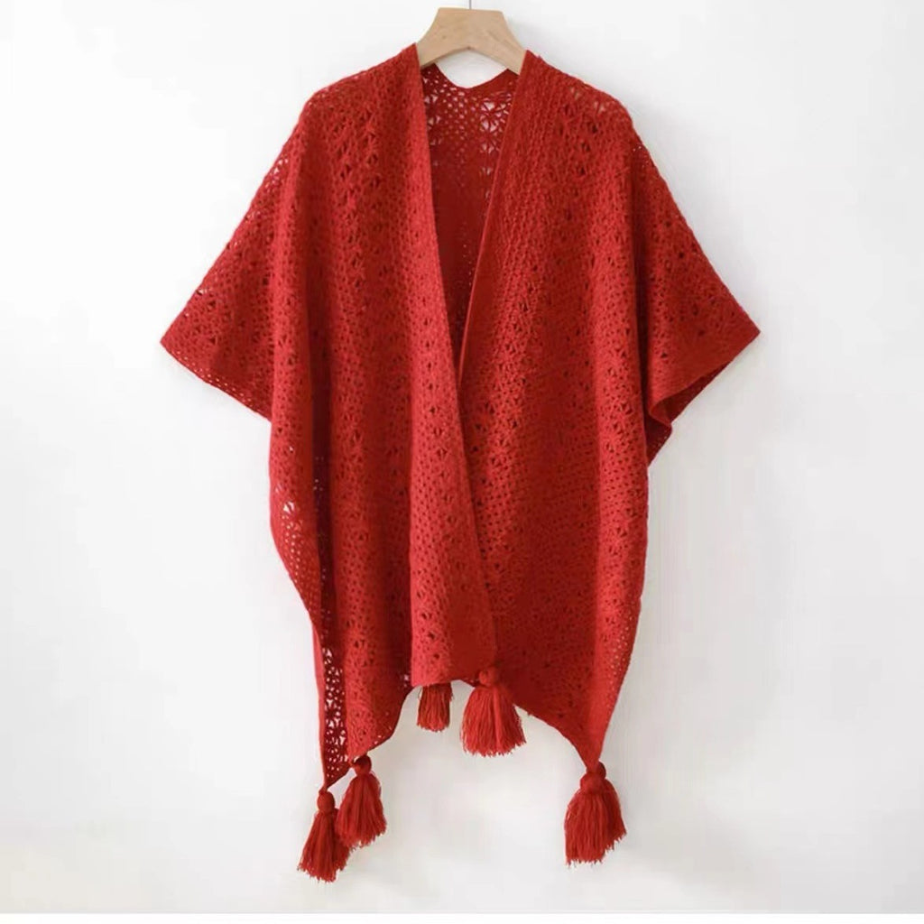 Womens Knitted Tassel-Trimmed Open-Front Cape For Photos