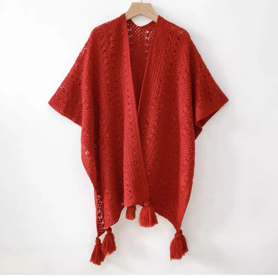 Womens Knitted Tassel-Trimmed Open-Front Cape For Photos