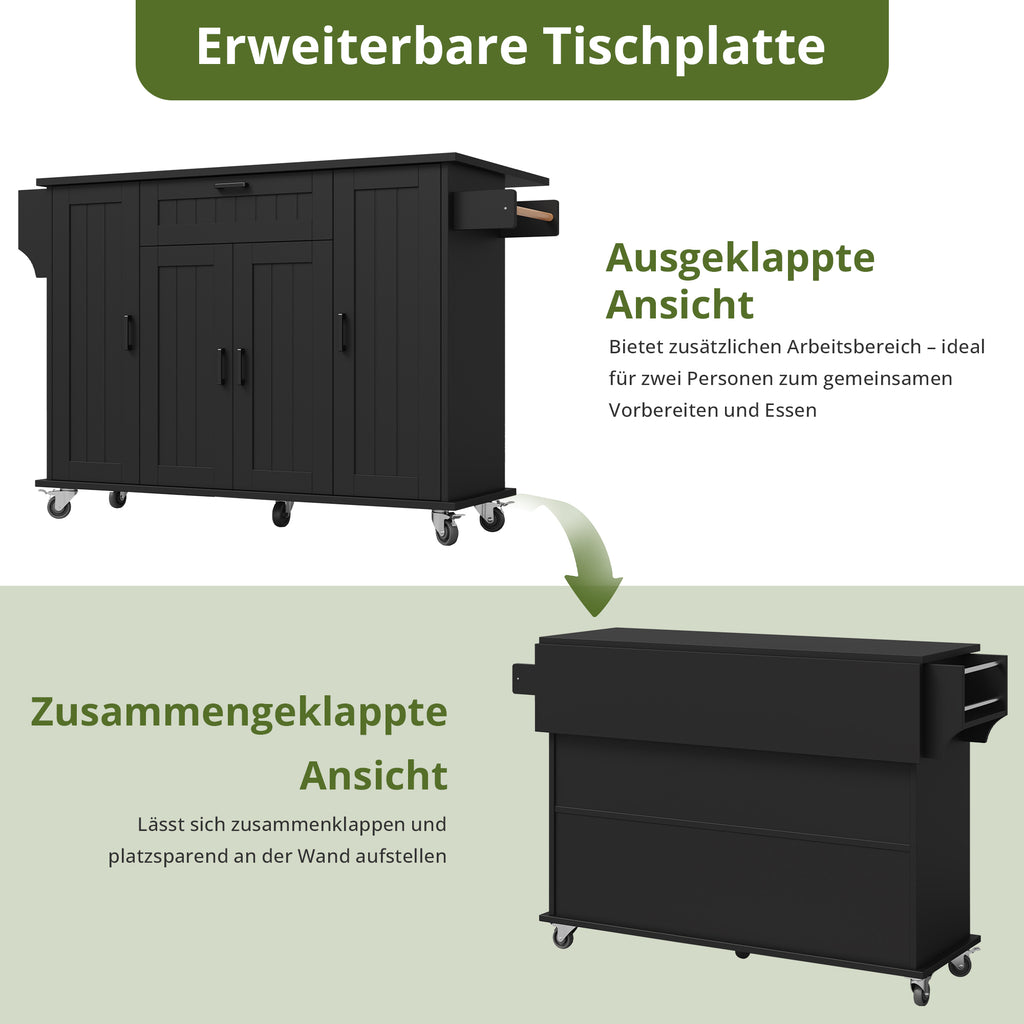 Kucheninsel Mit Klappbarer Arbeitsplatte,Kuchenwagen Auf Rollen, Kuchenschrank Mit 4 Turen Und 1 Schublade, Integrierten Gewurzregalen In Den Turen, Doppelseitigen Handtuchhaltern,schwaz120x45 70 X95