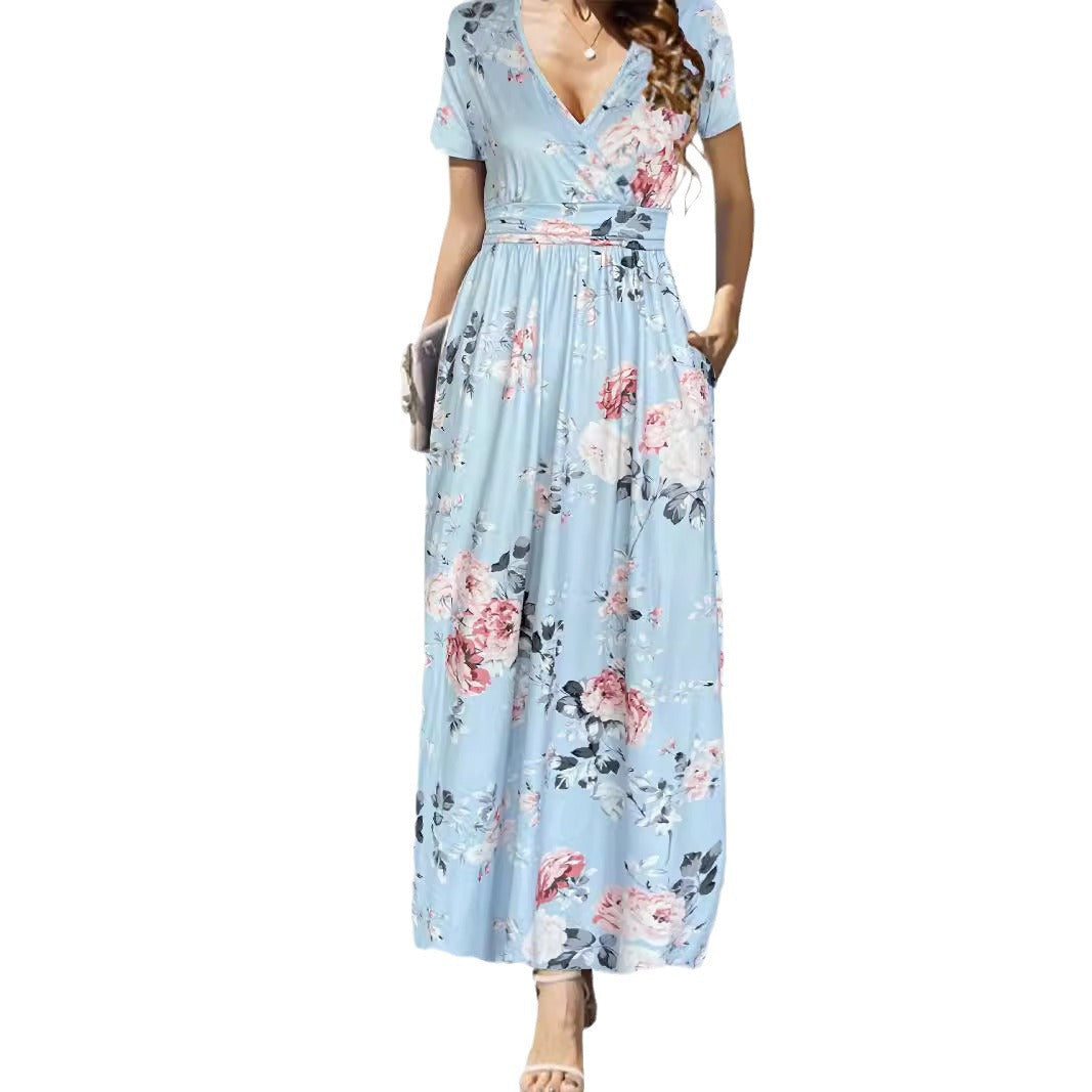 Printed V-neck Short Sleeve Dress