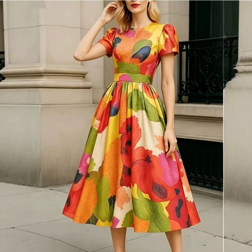 Womens Waist-cinching Puffed-sleeve Maxi Dress