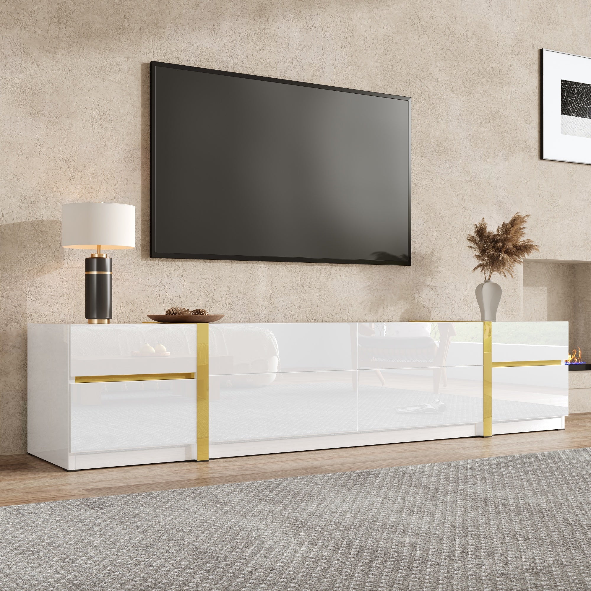 Luxurious TV Stand , TV Cabinet,High Gloss Finish , Gold Tone Edges , With Drawers And Doors , Modern Style , Provides Plenty Of Storage Space For The Living Room , TV Cabinet