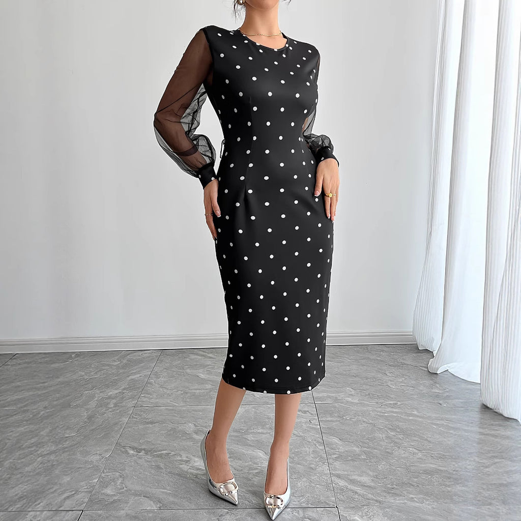 Round-neck Polka-dot Dress With Mesh Sleeves