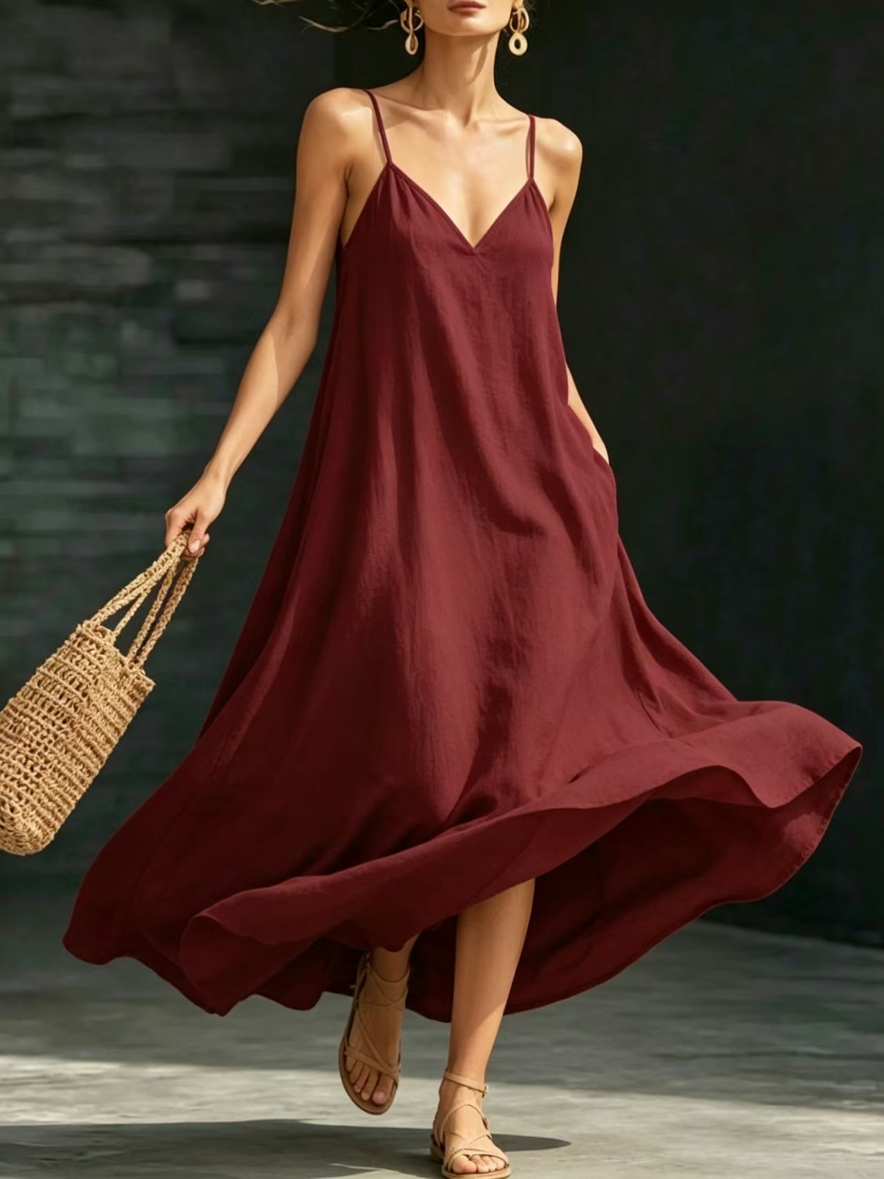 Solid Color V Neck Spaghetti Strap Maxi Dress Women Casual Flared Hem Long Dress