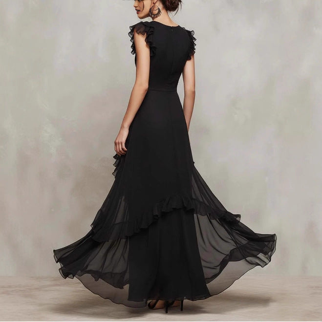 Womens Solid-color Sheer Flounce Asymmetric Long Dress